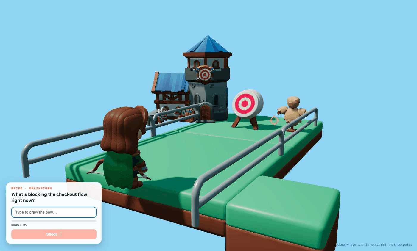 A low-poly archery range: an archer faces the target while a card reads Retro &middot; Brainstorm &mdash; type your answer to draw the bow, and shoot.