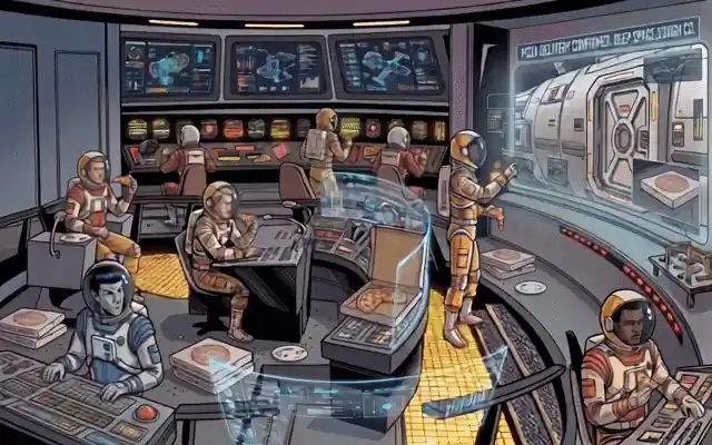 A ship's bridge, alive: nine crew at consoles, holograms turning, and the viewscreen reading mission confirmed.