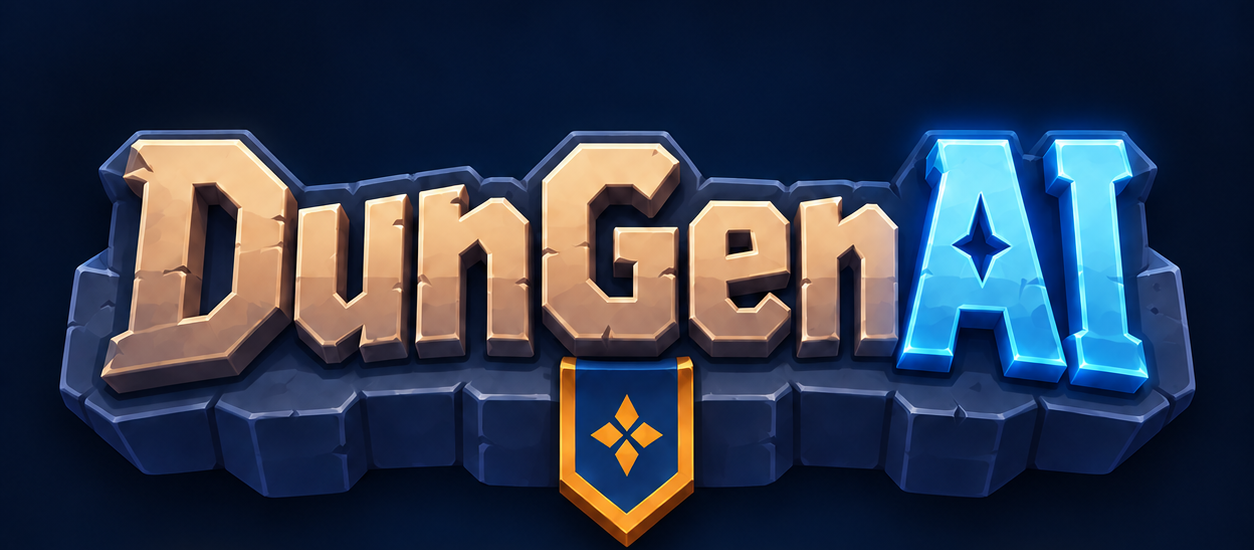 DungenAI logo — carved stone letters and a glowing blue AI crystal