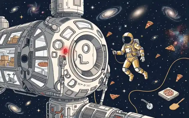 An astronaut drifting outside a sealed hatch, tether loose in his hand, a red light lit, the mission still inside.
